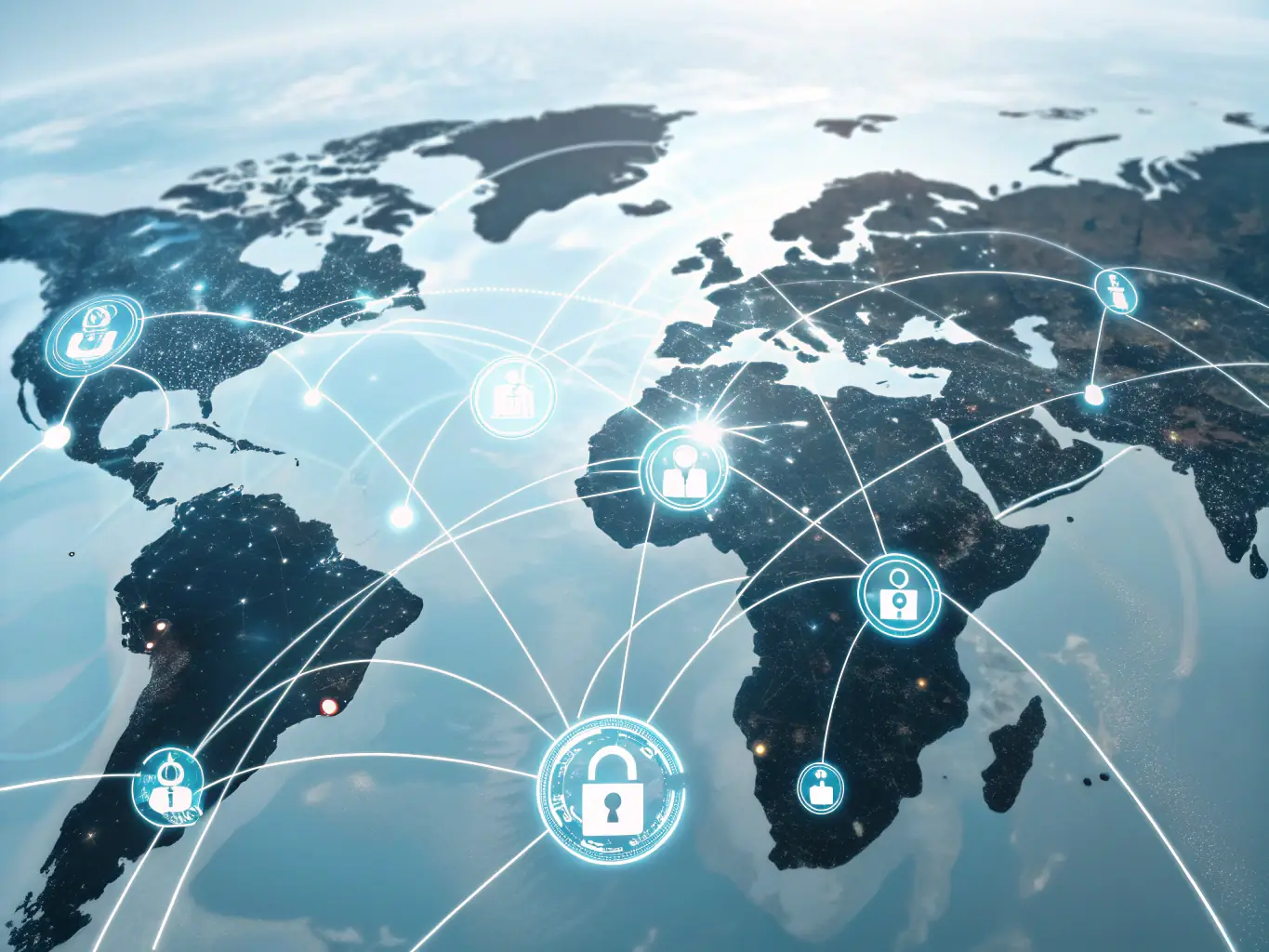 A digital illustration depicting a world map overlaid with interconnected nodes representing geopolitical risks and data flows, symbolizing strategic analysis.